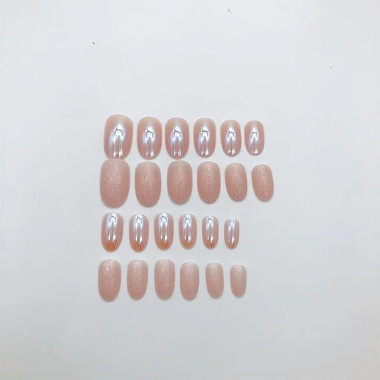 Almond Press on Nails Short round Fake Nails Chrome Glossy False Nails with Glitte Powder Press Ons Designs Acrylic Nails Press on Artificial Nails Stick on Nails for Women Girls 24Pcs