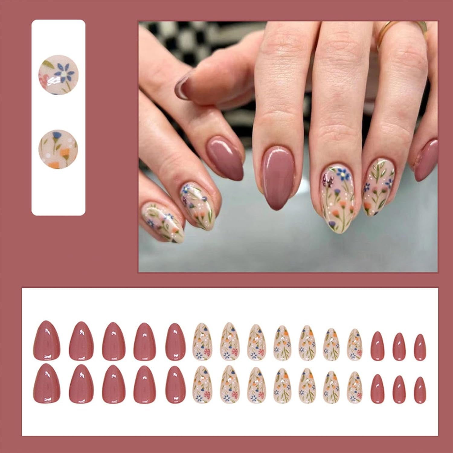 Press on Nails Short Almond Flower Nails Press Ons Short Fake Nails with Floral Design Autumn Glue on Nails Flowers False Nails Brown Full Cover Acrylic Fall Stick on Nails for Women Girls 30 Pcs