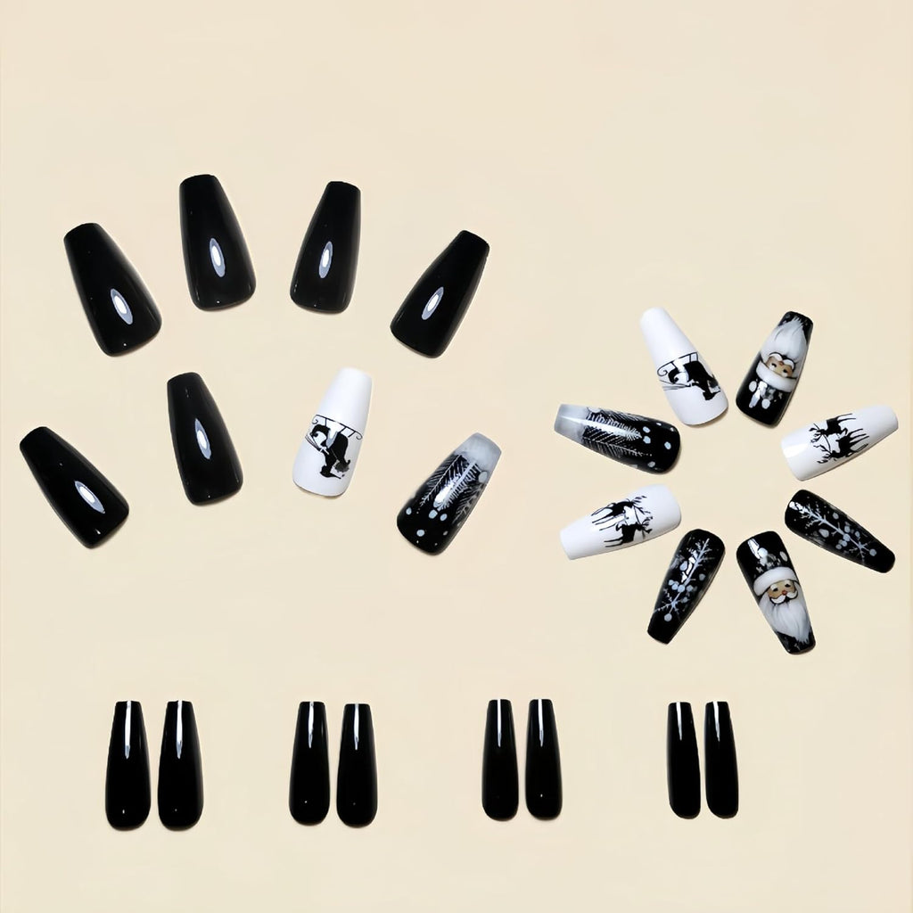 Christmas Press on Nails Square False Nails Black Fake Nails with Christmas Tree Design Glitter Artificial Nails Acrylic Glue on Nails Short Acrylic Nails Christmas Stick on Nails for Women ﻿