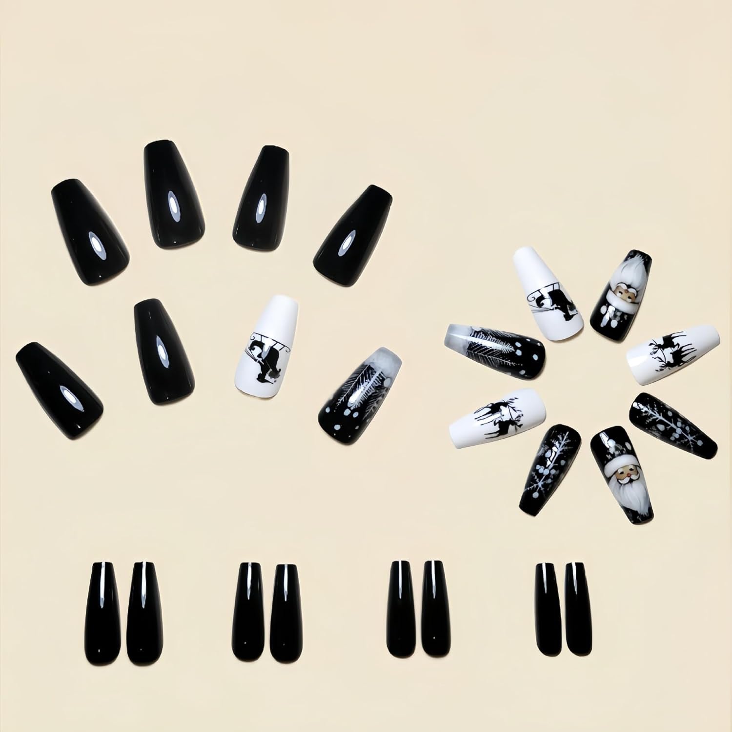 Christmas Press on Nails Square False Nails Black Fake Nails with Christmas Tree Design Glitter Artificial Nails Acrylic Glue on Nails Short Acrylic Nails Christmas Stick on Nails for Women ﻿
