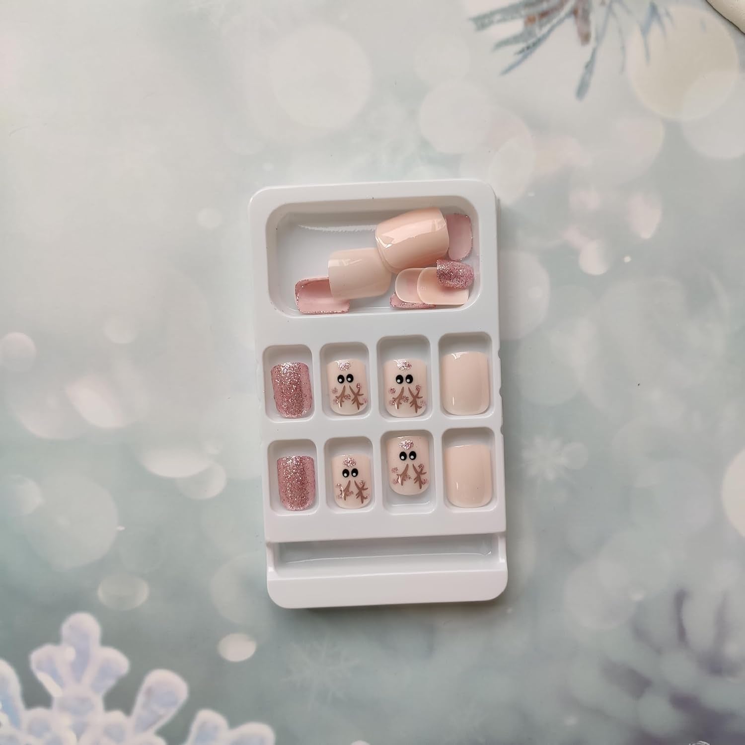 Christmas Press on Nails Pink Fake Nails Short False Nails with Cute Elk Designs Square Glue on Nails Cute Stick on Nails Full Cover Glitter Acrylic Nails Glossy Artificial Nails