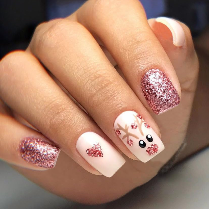 Christmas Press on Nails Pink Fake Nails Short False Nails with Cute Elk Designs Square Glue on Nails Cute Stick on Nails Full Cover Glitter Acrylic Nails Glossy Artificial Nails