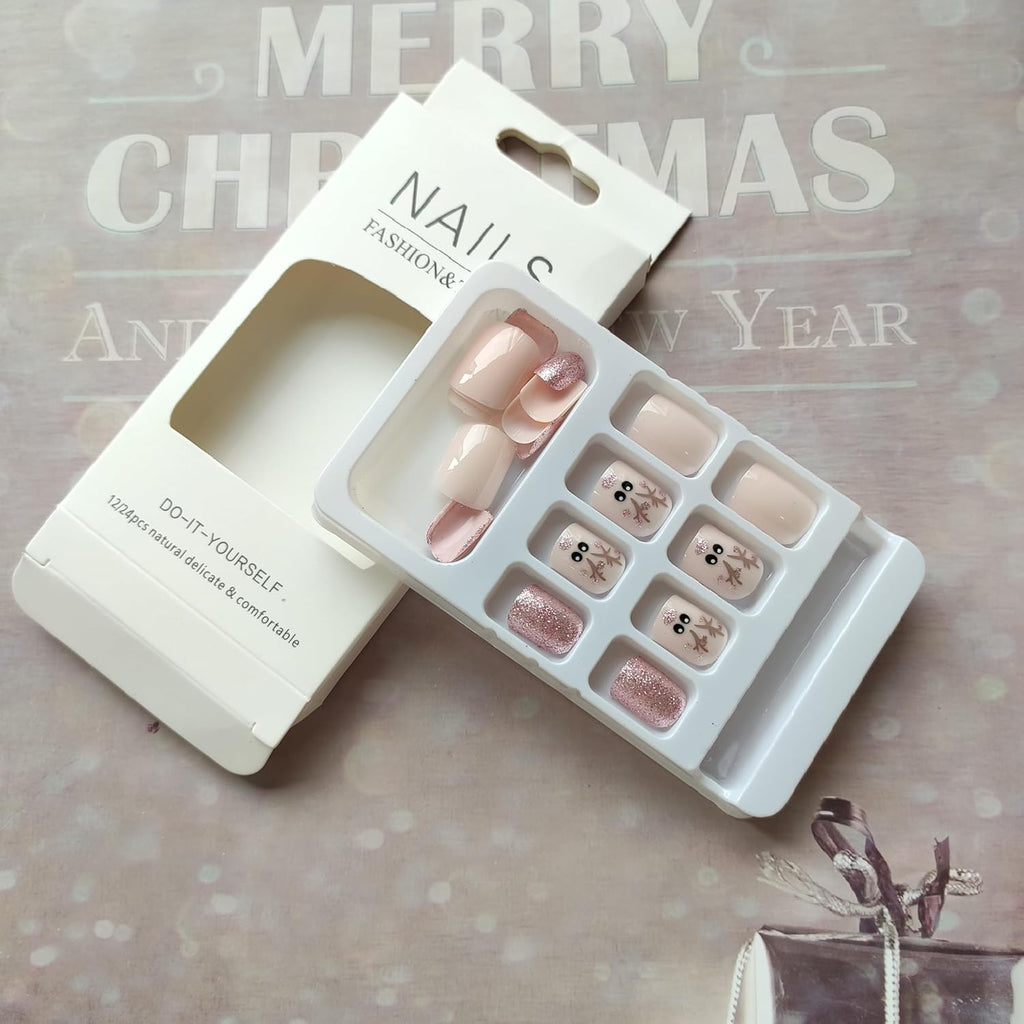 Christmas Press on Nails Pink Fake Nails Short False Nails with Cute Elk Designs Square Glue on Nails Cute Stick on Nails Full Cover Glitter Acrylic Nails Glossy Artificial Nails