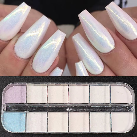 12 Colors Aurora Powder Nail Glitter Pigment Mirror White Iridescent Fairy Fine Chrome Reflective Rubbing on Dust Manicure Decor