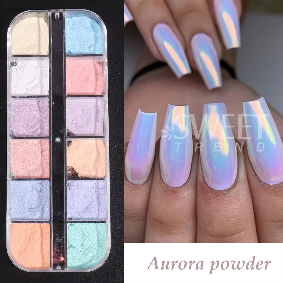 12 Colors Aurora Powder Nail Glitter Pigment Mirror White Iridescent Fairy Fine Chrome Reflective Rubbing on Dust Manicure Decor