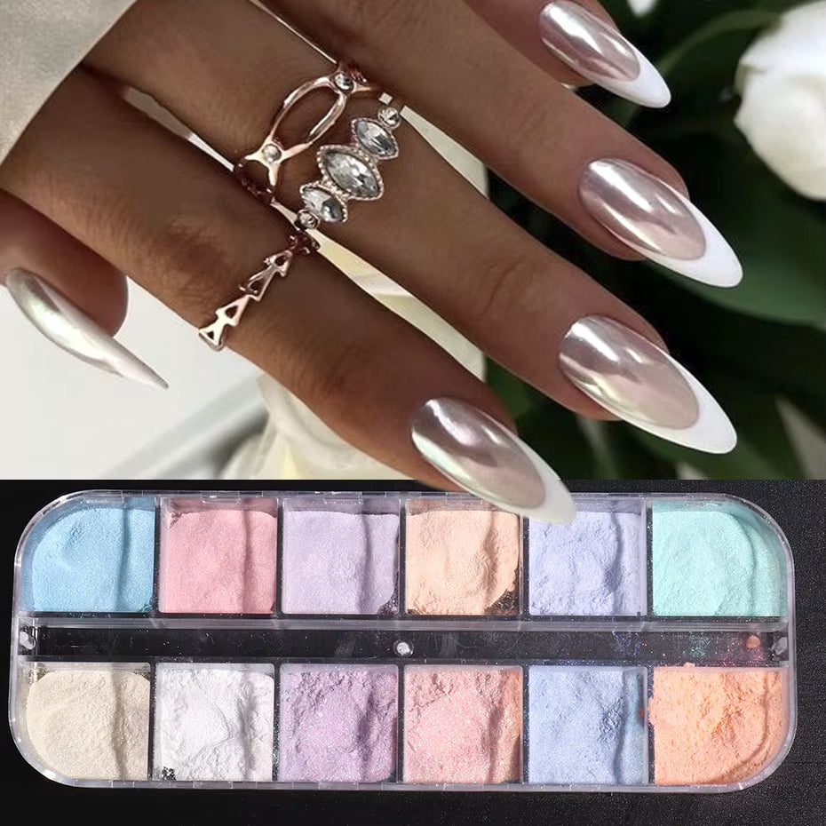 12 Colors Aurora Powder Nail Glitter Pigment Mirror White Iridescent Fairy Fine Chrome Reflective Rubbing on Dust Manicure Decor