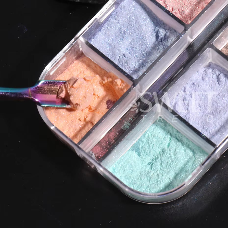 12 Colors Aurora Powder Nail Glitter Pigment Mirror White Iridescent Fairy Fine Chrome Reflective Rubbing on Dust Manicure Decor