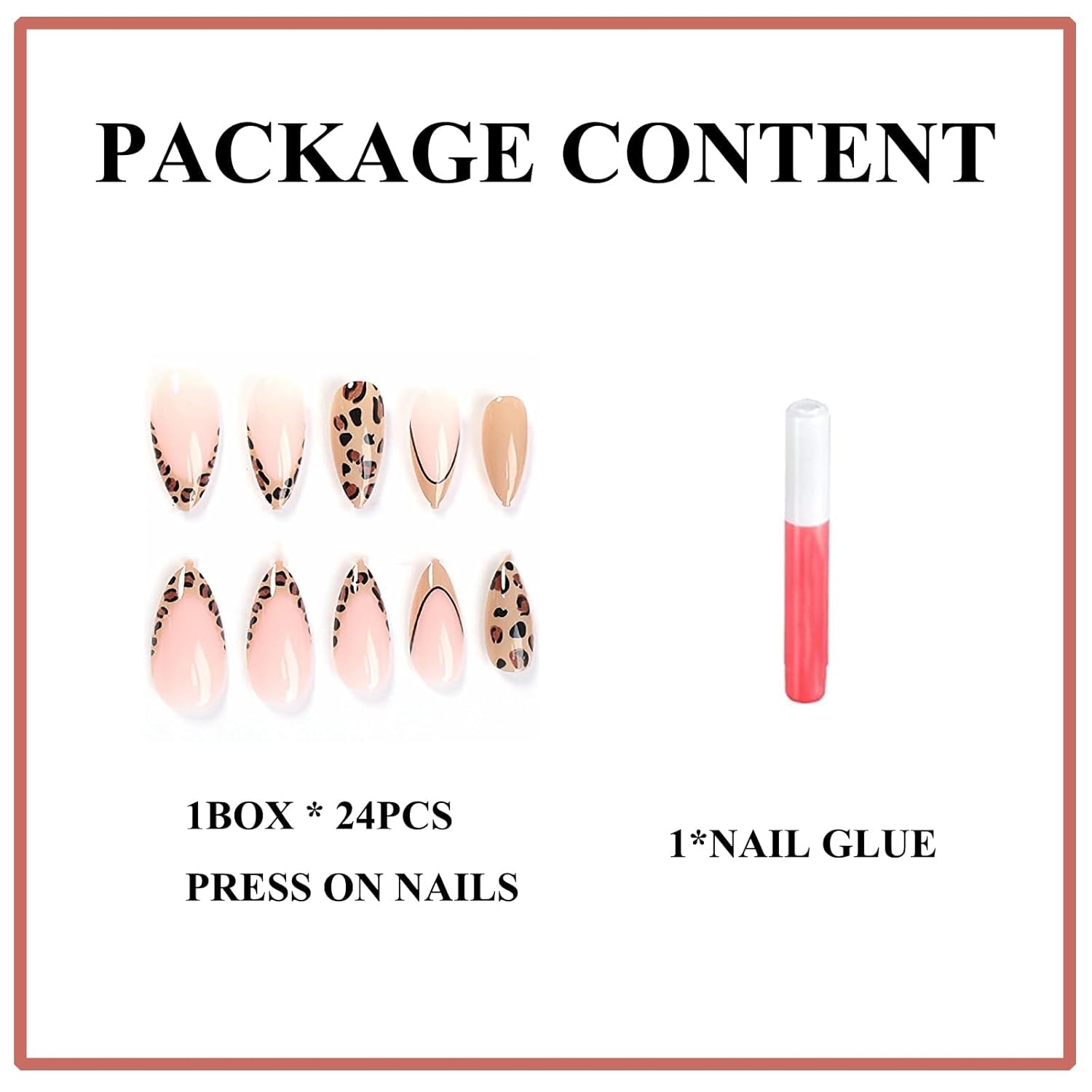 Almond Press on Nails Medium Fake Nails Light Brown French Tip Glue Ons Leopard Design Stiletto Fall Cheetah Acrylic False Nail Glossy 24Pcs