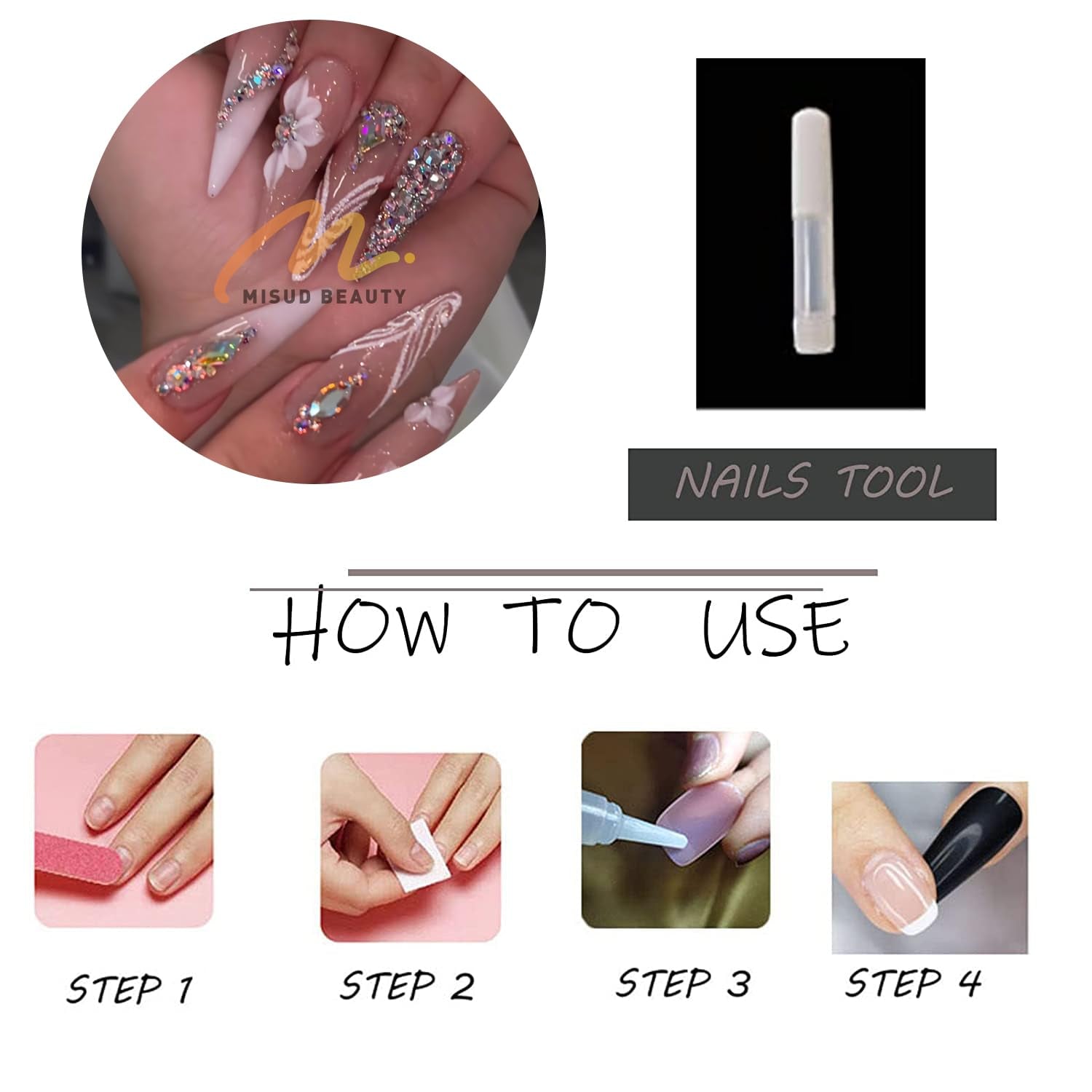 Press on Nails - Long Stiletto Fake Nails with Bling Glitter, Acrylic Luxury Rhinestone Design 24 Pcs
