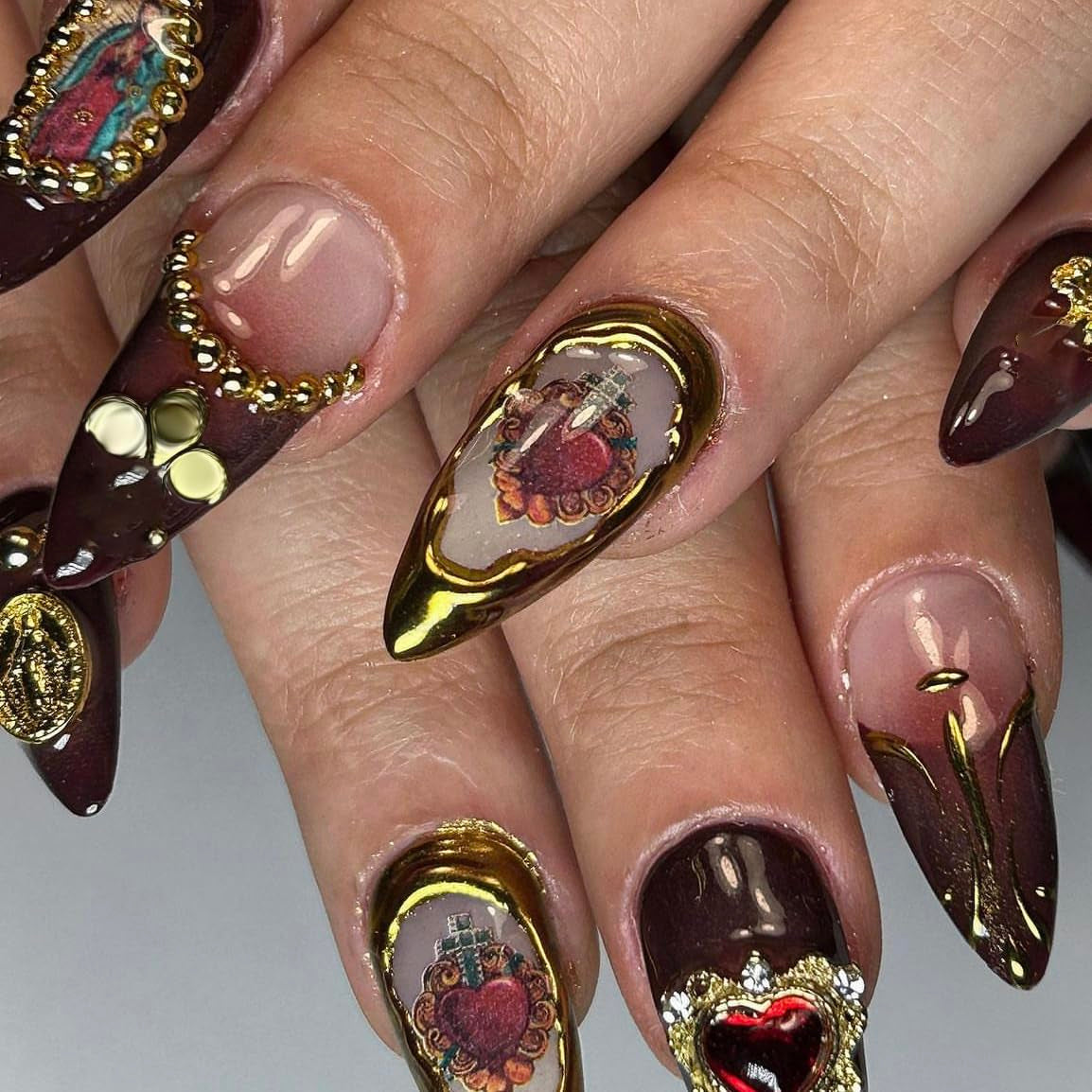 Almond Press on Nails Medium Fake Nails Brown Fall Glue on Golden Chrome Baroque Art Acrylic Nails 3D Heart Charm Metallic Ball Design Stiletto Manicure Stick on False Nails