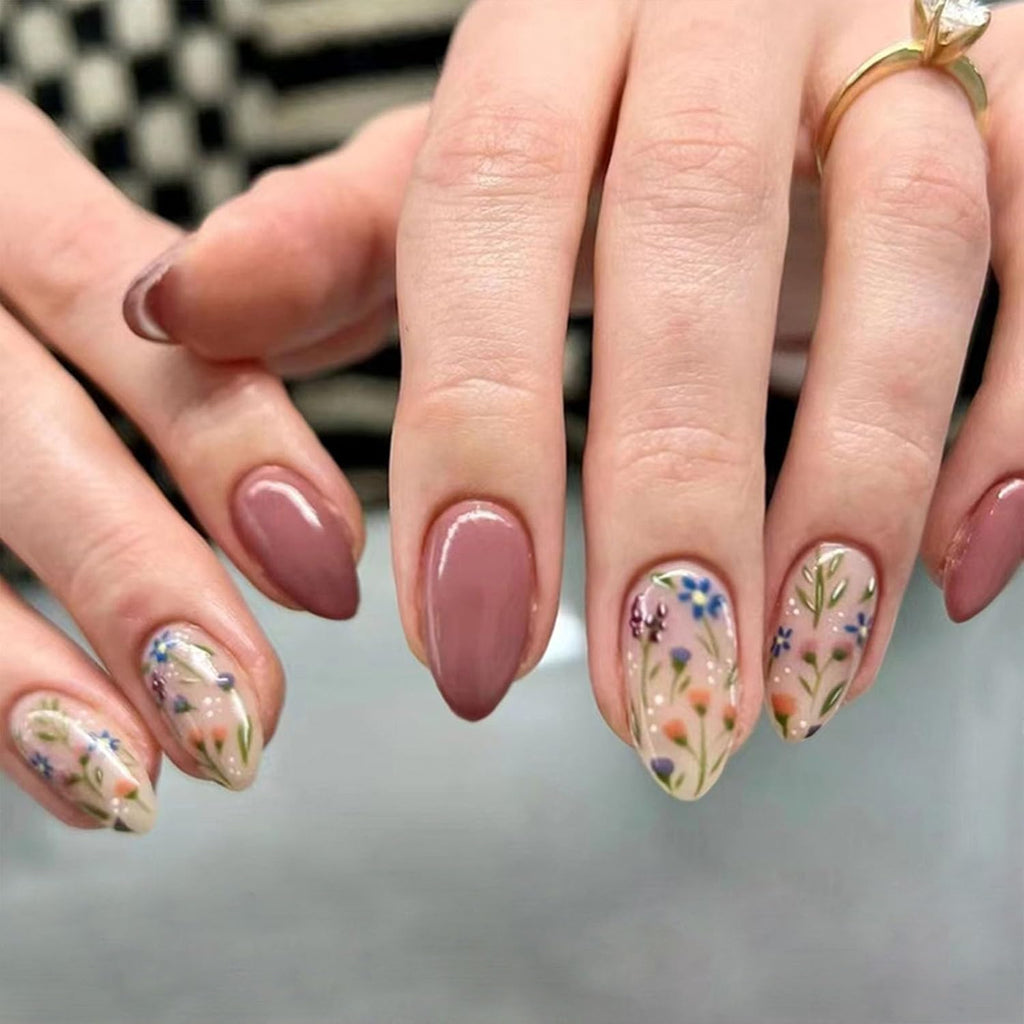 Press on Nails Short Almond Flower Nails Press Ons Short Fake Nails with Floral Design Autumn Glue on Nails Flowers False Nails Brown Full Cover Acrylic Fall Stick on Nails for Women Girls 30 Pcs