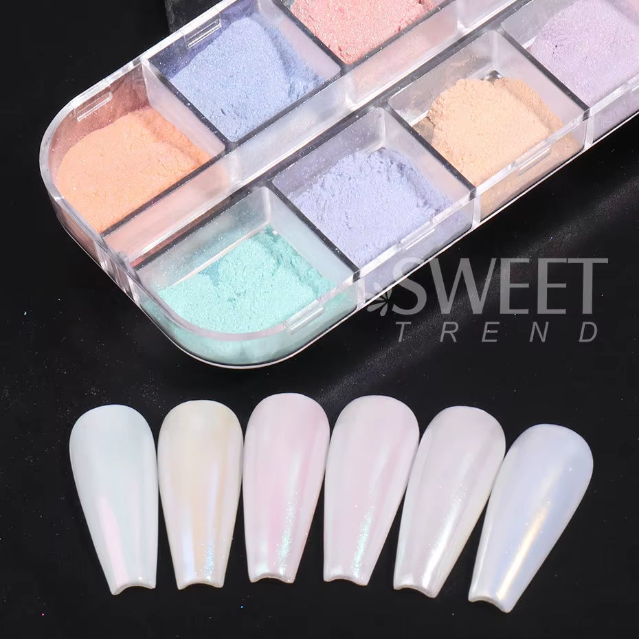 12 Colors Aurora Powder Nail Glitter Pigment Mirror White Iridescent Fairy Fine Chrome Reflective Rubbing on Dust Manicure Decor