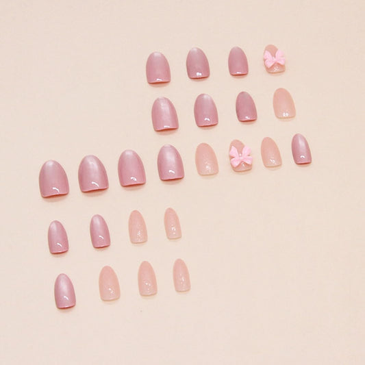 Almond Press on Nails - Medium French Tips Pink Glossy Full Cover Nails for Women - 30 Pcs/Set (Pink Bow Nails)