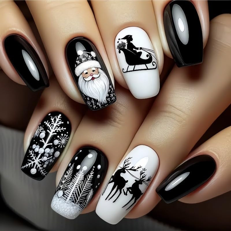 Christmas Press on Nails Square False Nails Black Fake Nails with Christmas Tree Design Glitter Artificial Nails Acrylic Glue on Nails Short Acrylic Nails Christmas Stick on Nails for Women ﻿