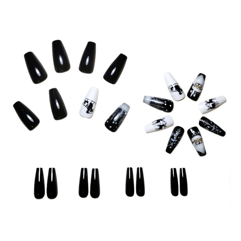 Christmas Press on Nails Square False Nails Black Fake Nails with Christmas Tree Design Glitter Artificial Nails Acrylic Glue on Nails Short Acrylic Nails Christmas Stick on Nails for Women ﻿