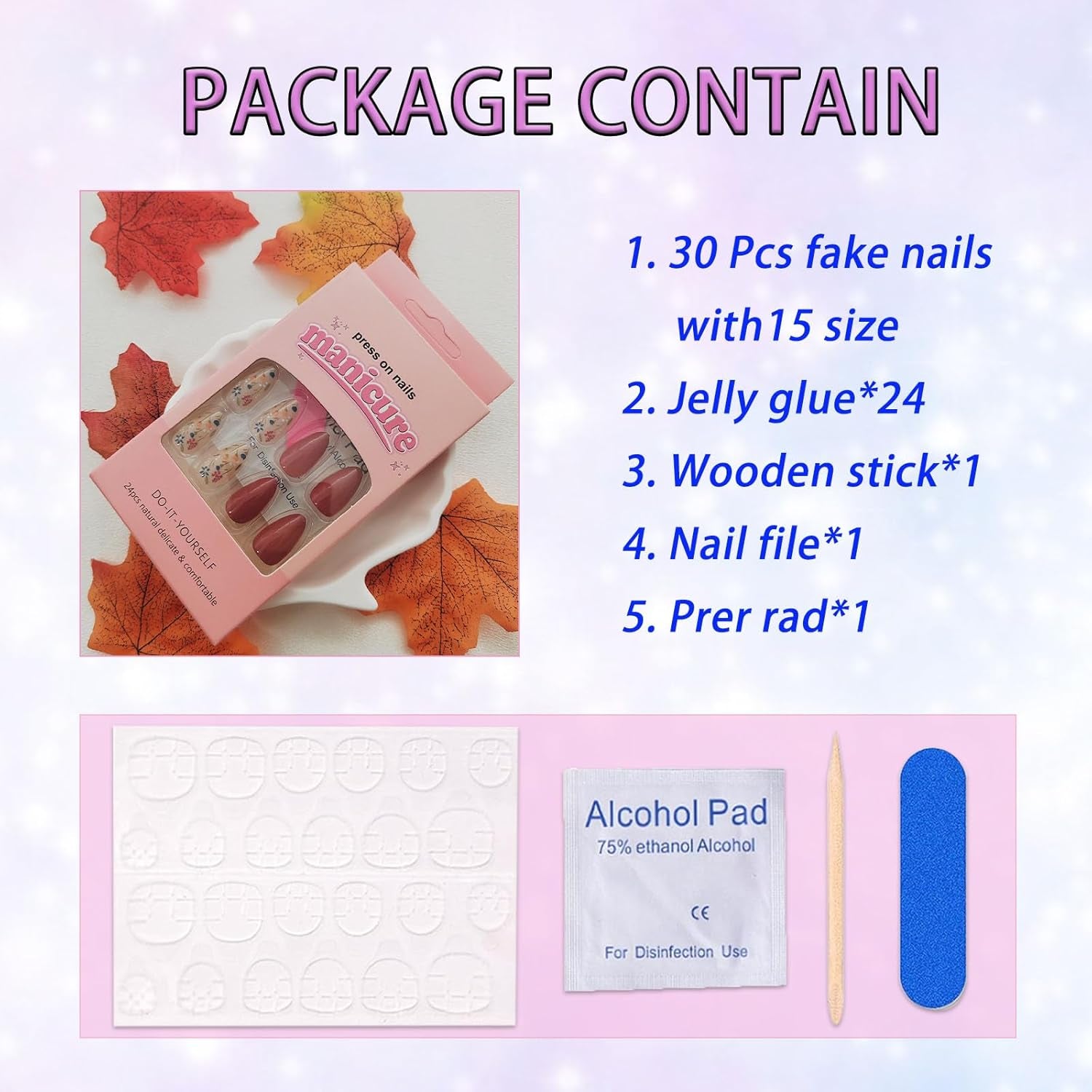 Press on Nails Short Almond Flower Nails Press Ons Short Fake Nails with Floral Design Autumn Glue on Nails Flowers False Nails Brown Full Cover Acrylic Fall Stick on Nails for Women Girls 30 Pcs