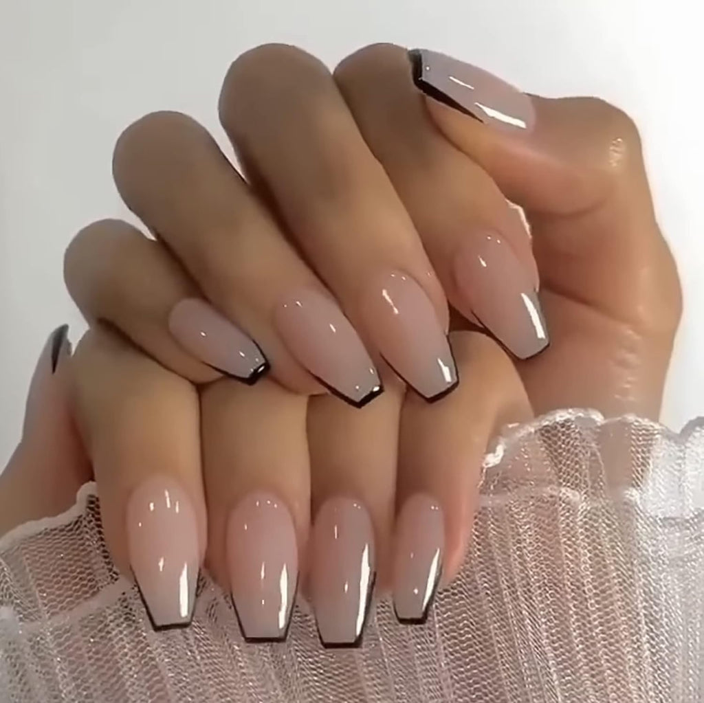 Coffin Press-On Nails Medium -Black French Tip Ballerina Acrylic Nails Natural Glossy Glue-Ons 24Pcs