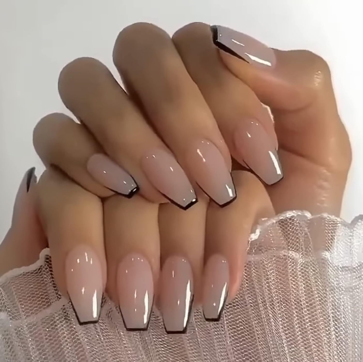Coffin Press-On Nails Medium -Black French Tip Ballerina Acrylic Nails Natural Glossy Glue-Ons 24Pcs