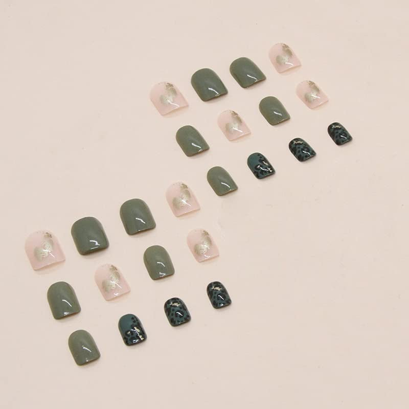 Press on Nails - Short Square False Nails with Glitter Designs, White Acrylic Leopard Artificial Full Cover Glue on Glossy Stick on Nails for Women