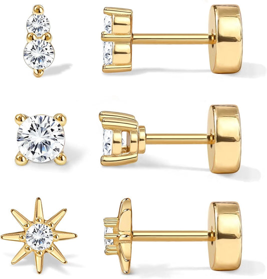 14K Gold Flat Back Earrings for Women Men Dainty Hypoallergenic Surgical Stai...