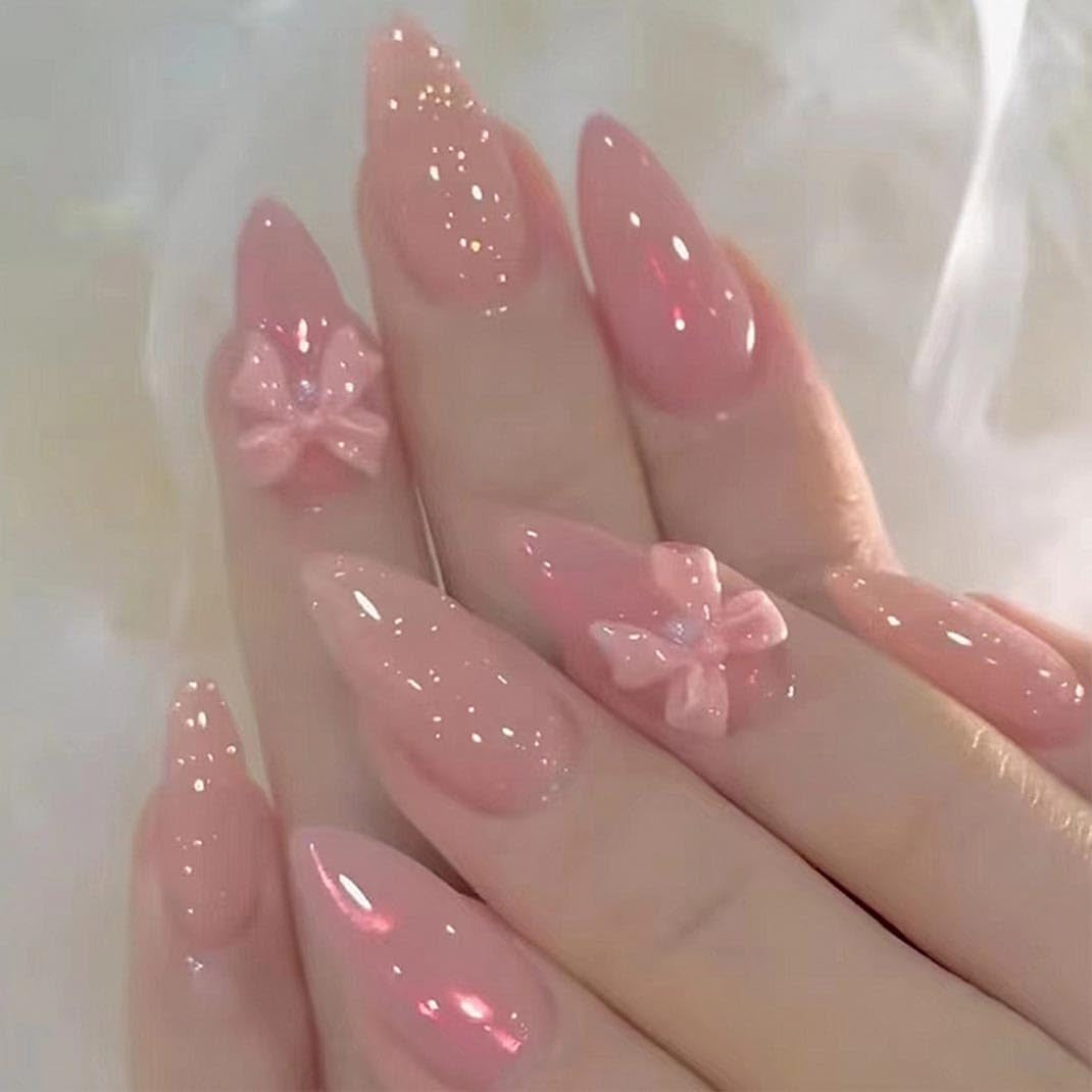Almond Press on Nails - Medium French Tips Pink Glossy Full Cover Nails for Women - 30 Pcs/Set (Pink Bow Nails)